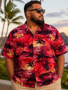 Hawaiian Vacation Shirt Mens 3XL Red Tropical Sunset Palm Tree Button Up Rayon